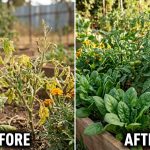 : A split-screen comparison showing a vegetable garden bed; the left side ("Before") features withered, yellowing plants covered in pest webs and aphids, while the right side ("After") shows the same garden flourishing with lush, deep green spinach, tomatoes, and marigolds.